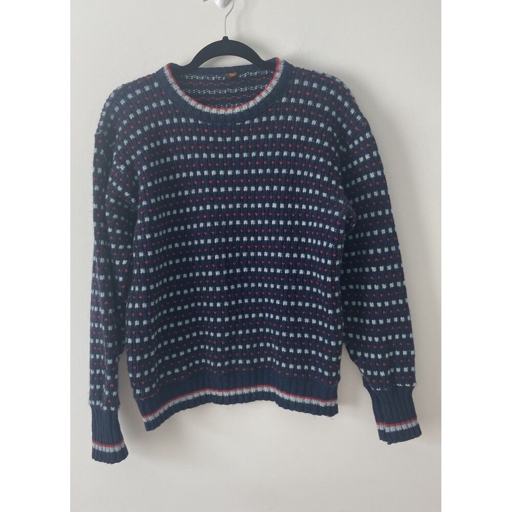 Vintage Krone Norwegian Wool Blend Jumper Sweater | 50 M | Blue Red Holiday Fun